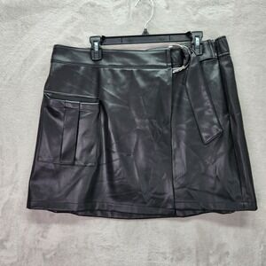 Bar III Wrap Skirt Womens XL Black Faux Leather D Ring Belt Pleated Pocket Retro